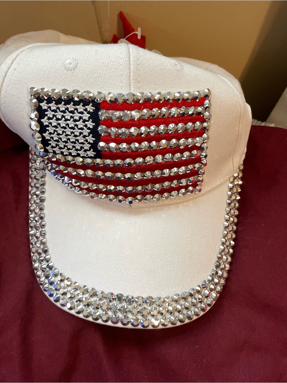 White Rhinestone American Flag Baseball Cap - Women